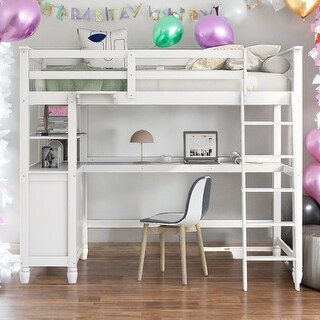 Twin Size Wooden Loft Bed With Drawers And Desk,Shelves,Solid Construction
