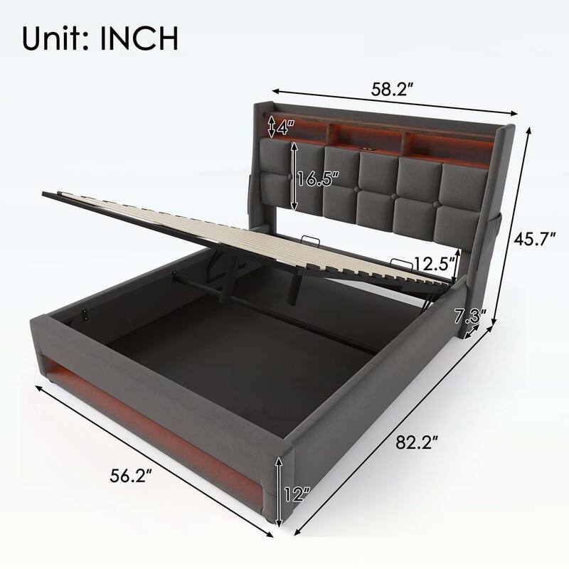 Vintage Design Platform Bed with Hydraulic Storage,LED, and USB Charging,(Mattress Not Included)