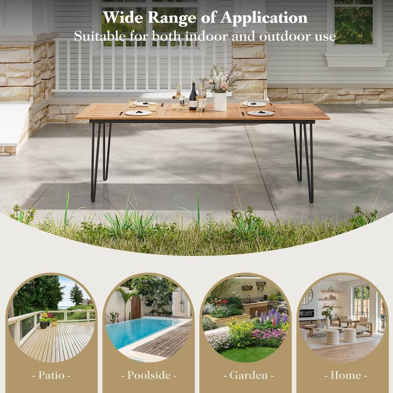 86.5-Inch Outdoor Dining Table w/Acacia Wood Tabletop & Metal Legs