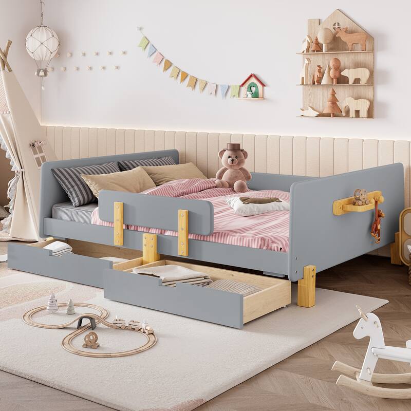 Low Profile Solid Wood Platform Bed Frame with Storage Drawers, Guardrails and Headboard, Footboard with Small Shelf and Hooks
