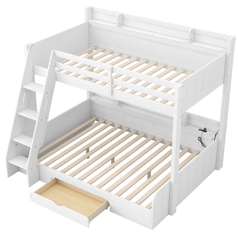 Roomfitters Twin Over Full Bunk Bed with Storage Shelves, LED and Charging Station