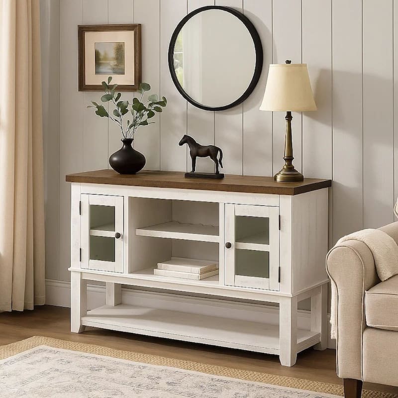 Bora 60 Inch Wood Server, 2 Glass Door Cabinets, Distressed White, Gray