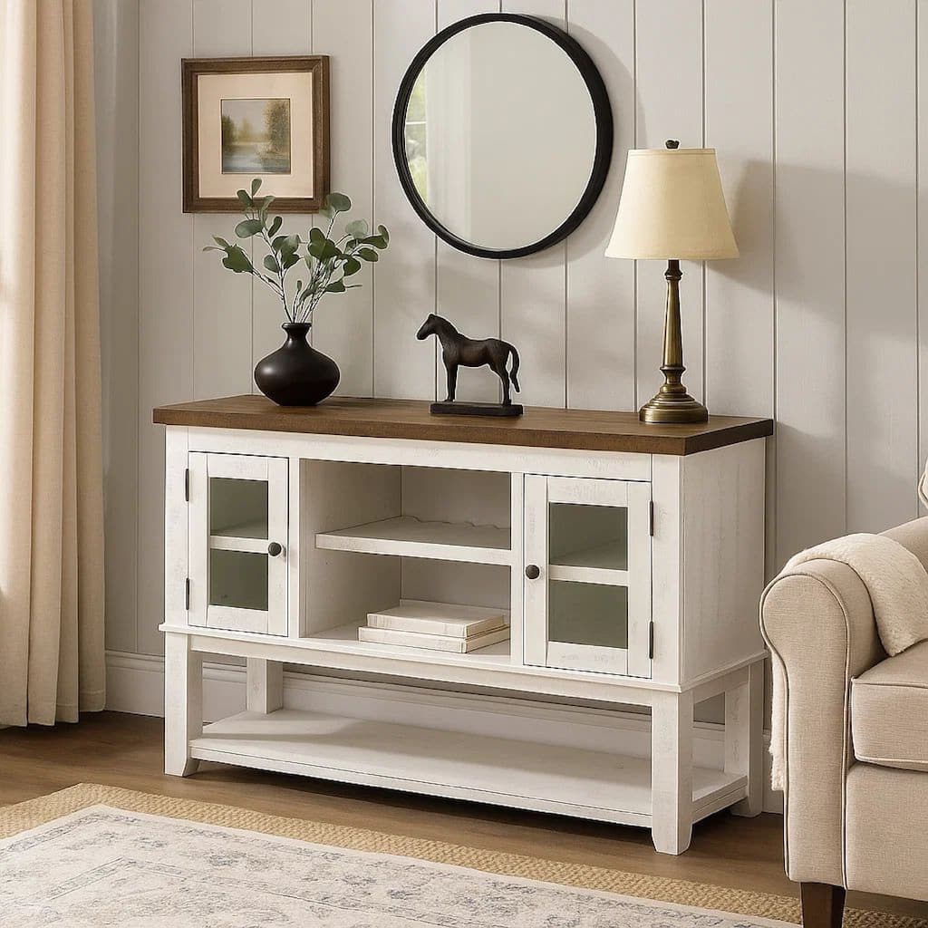 Bora 60 Inch Wood Server, 2 Glass Door Cabinets, Distressed White, Gray