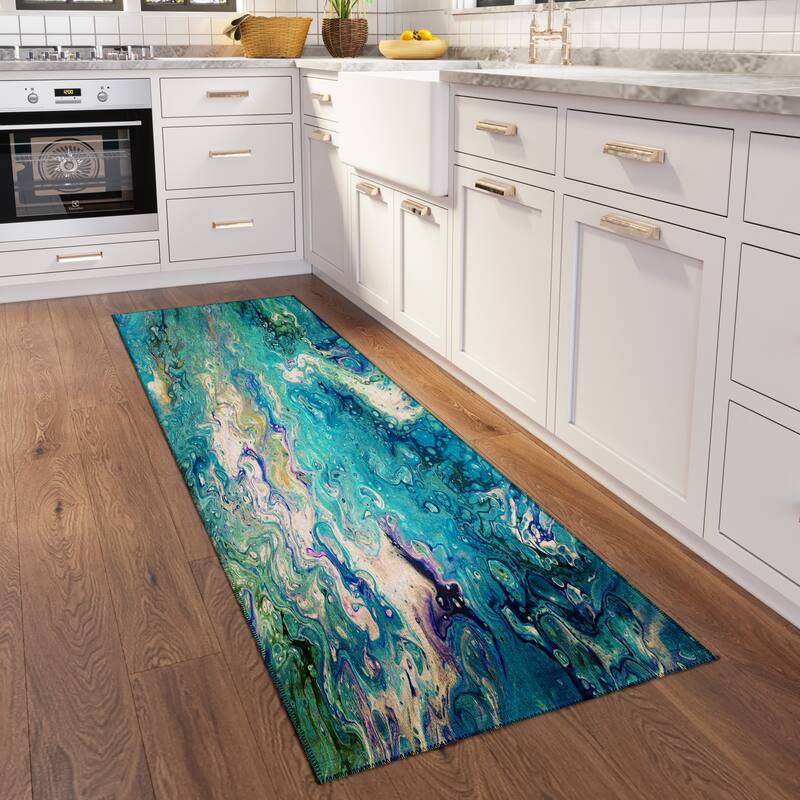 Indoor/ Outdoor Addison Karina Abstract Washable Area Rug - 2'3" x 7'6" - Seaglass