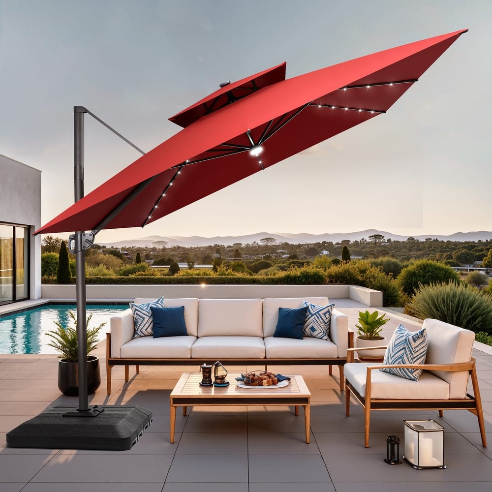 11 FT Square Outdoor Patio Cantilever Umbrella with Solar Lights 4-Piece Premium Base Double Canopy 360 Rotation Tilt