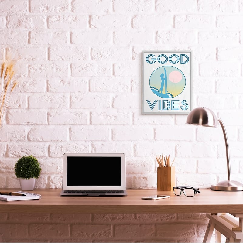 Stupell Good Vibes Text Blue Surfer Chick Sunset Framed Wall Art
