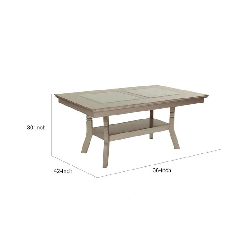 Teme 66 Inch Dining Table, Glass Top, Lower Shelf, Beige Rubberwood