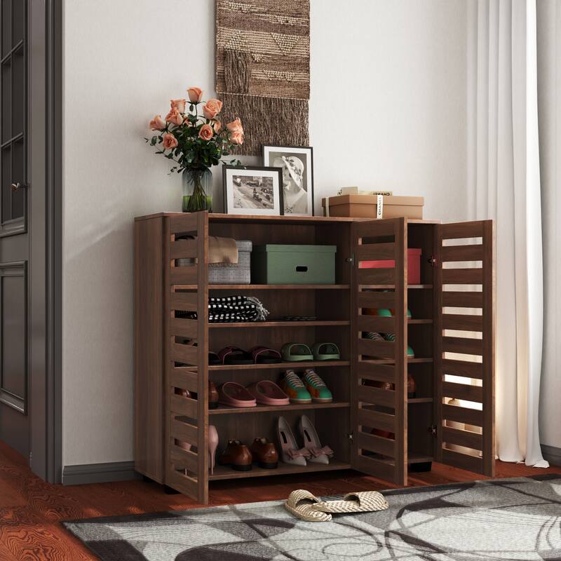 5-Tier Shoe Storage Cabinet with Adjustable Shelves, Wooden Shoe Rack Organizer with Louvered Doors for Entryway, Hallway