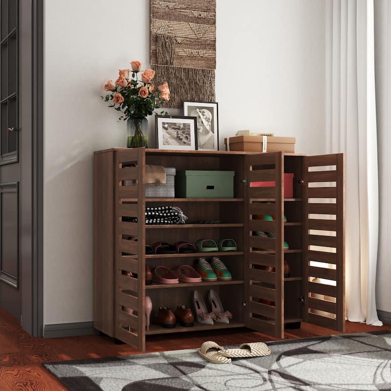 Shoe Cabinet, 5-Tier Shoe Storage Cabinet with Adjustable Shelves, Wooden Shoe Rack Organizer with Louvered Doors,Closet