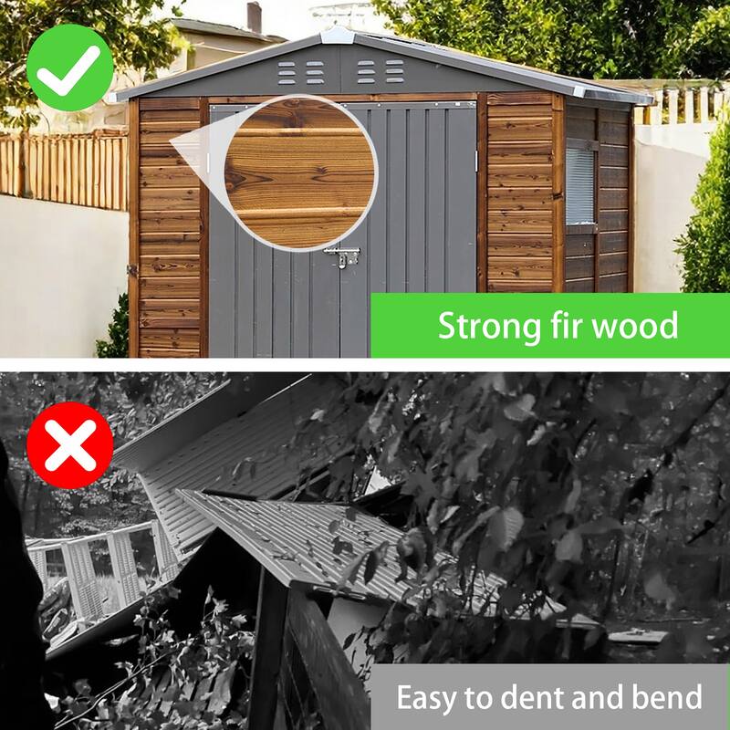4x6 FT Wood Storage Shed with Metal Roof, Outdoor Garden Tool Shed with Double Doors, Windows and Ventilation