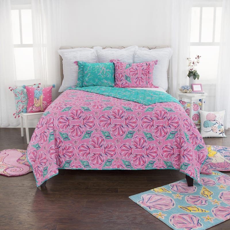 Simply Southern Printed 100% Cotton Reversible Quilt Set - Blue, Pink - Twin XL
