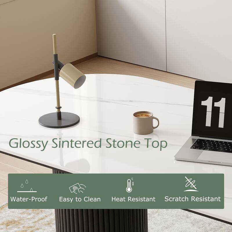 71" Modern Oval Writing Desk,Glossy White Office Table,with Double Solid Wood Legs, 3 Colors Optional