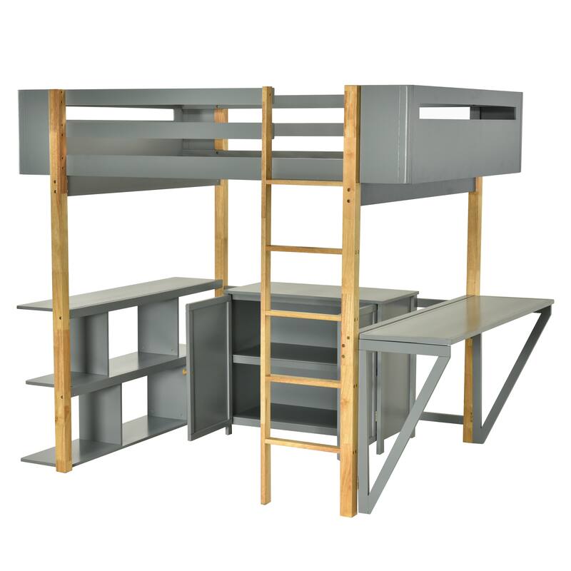 Space-Saving Twin Size Wooden Loft Platform Bed Frame with Storage Cabinet and Foldable Desk, Modern and Stylish for Bedroom