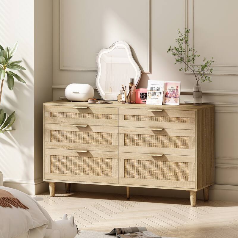 Mid-Century Modern Rattan Dresser, 6-Drawer Wicker Bedroom Dresser, Storage Cabinet with Metal Handles & Wood Legs