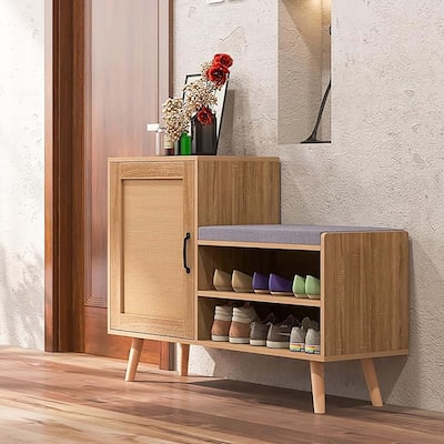 2-in-1 Rattan Shoe Cabinet w/ Bench 3 Adjustable Shelves & Wood Legs