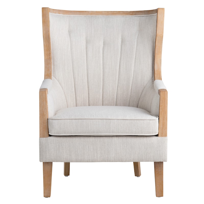 Beige Upholstered Accent Arm Chair with Tan Solid Wood Frame
