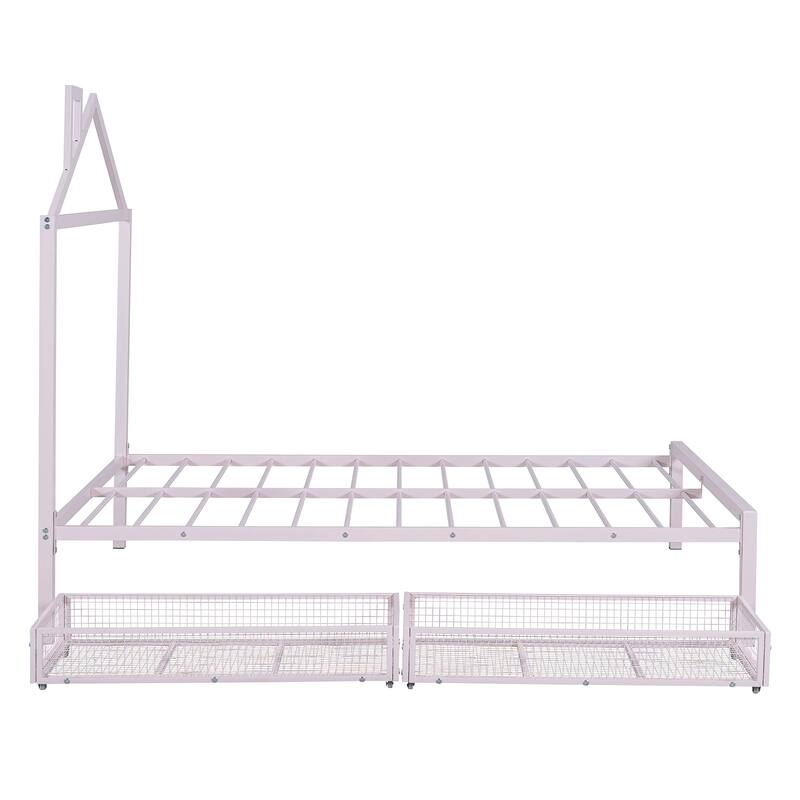 Metal House Platform Bed for Kids with Drawers, Twin Size