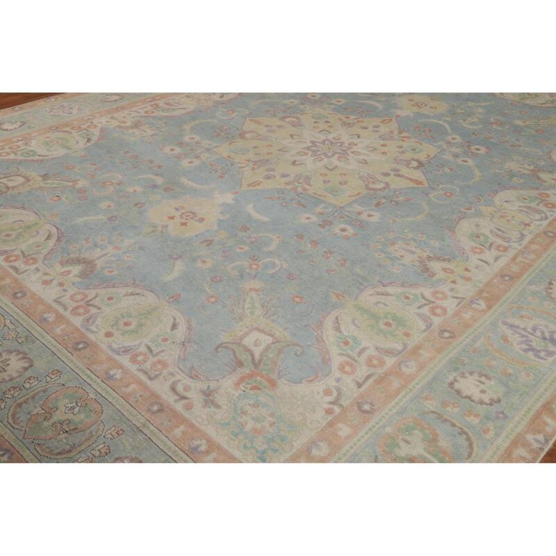 Blue Tabriz Persian Vintage Rug Hand-Knotted Wool Carpet - 9'9" x 13'1"