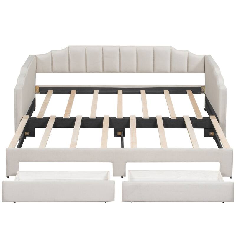Extendable Upholstered Daybed with 2 Storage Drawers, LED Platform Sofa Bed Frame, Twin XL to King Daybed