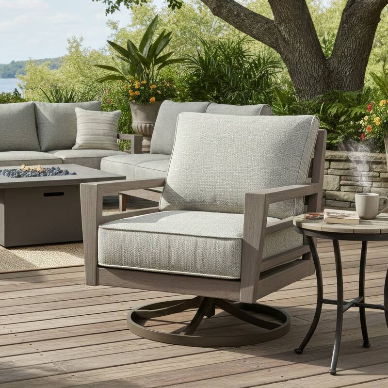 Karo 35 Inch Outdoor Swivel Lounge Chair, Cushioned, Gray, Brown Finish