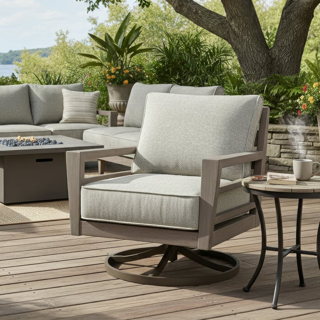 Karo 35 Inch Outdoor Swivel Lounge Chair, Cushioned, Gray, Brown Finish