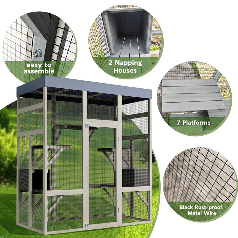 Catio Enclosure Outdoor Wooden, Indoor Cat House with Waterproof Roof, Wood Cage Playpen with Rust-Proof Wire & 2 Napping House