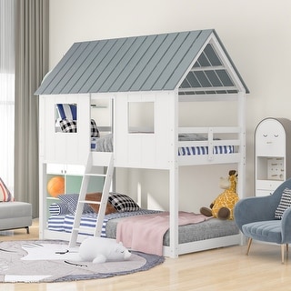 Low Twin over Twin Bunk Beds with Roof and Fence-Shaped Guardrail - Safe and Stylish