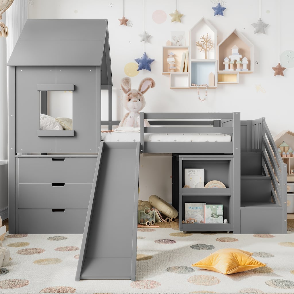 Twin Loft Bed with Storage Cabinets and Removable Desk, Kids House Loft Bed with Slide and Stairs, Childlike