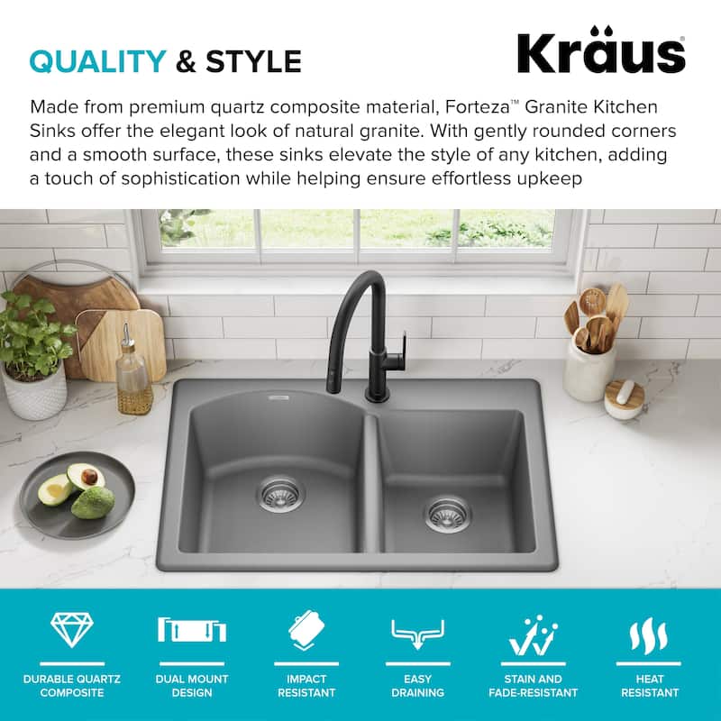KRAUS Forteza Granite 33 inch 60/40 Undermount Drop-in Kitchen Sink