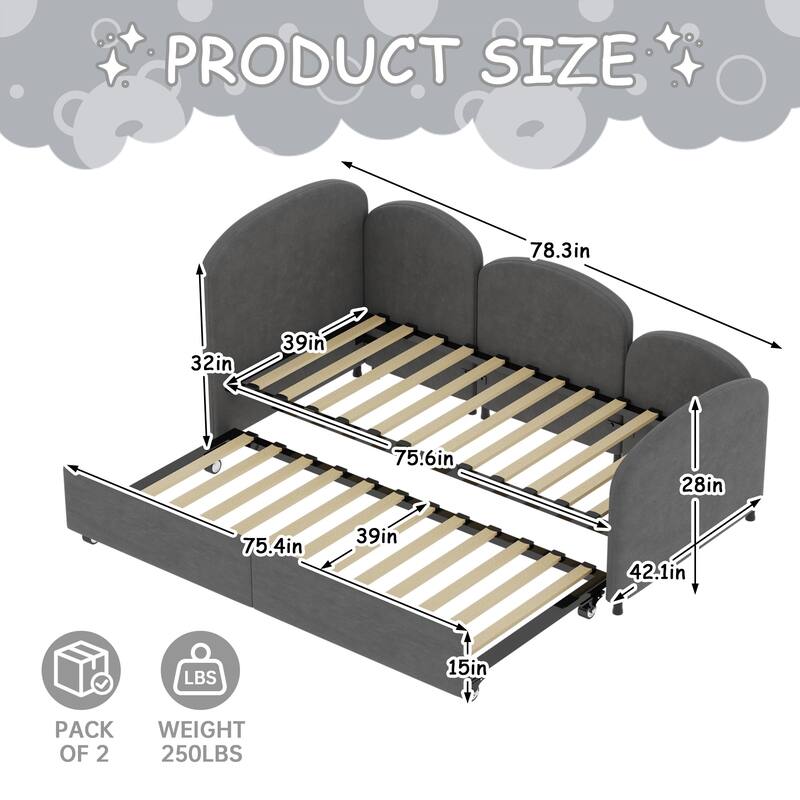 Twin Size Velvet Upholstered Daybed, Platform Bed Frame with Flower Design, Trundle Ideal for Bedroom and Guest Room