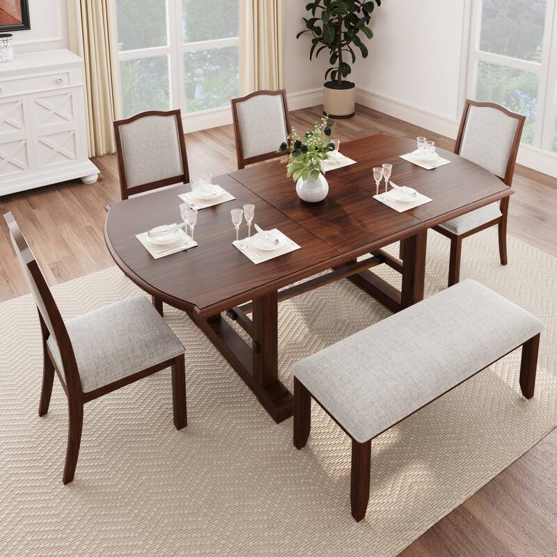 6 Piece Dining Table Set 78" Extendable Wood Dining Table Set with Removable Leaf, Kitchen Table Set with 4 Chairs, Bench - Cherry