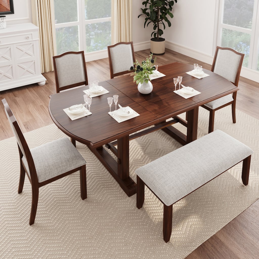 Roomfitters 6-Piece Extendable Dining Table Set, 60-78 Inch Wooden Kitchen Table with Leaf, 4 Upholstered Chairs & Bench