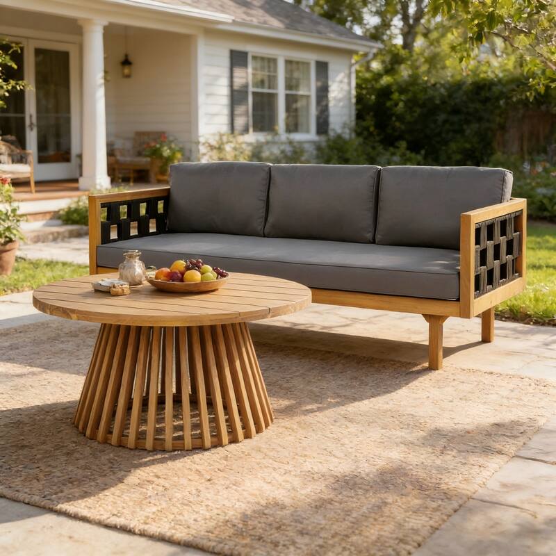 Christopher Knight Home - Claremont Outdoor Acacia Wood Three-Seater Daybed and Round Coffee Table Set - Teak Finish+Dark Grey Cushion & Black rope