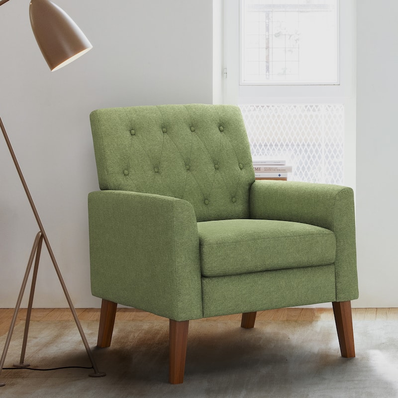 LUE BONA Linen and Walnut Legs Mid Century Modern Button Tufted Accent Chair - 29.53'' H X 30'' W X 33.07'' D - Avocado Green Linen