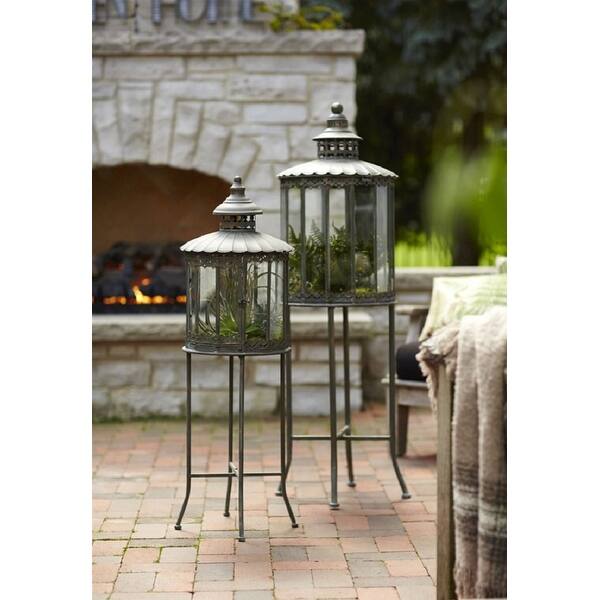 Set Of 2 Decorative Outdoor Lanterns With Stand And Glass Panels 53 Overstock 21515104