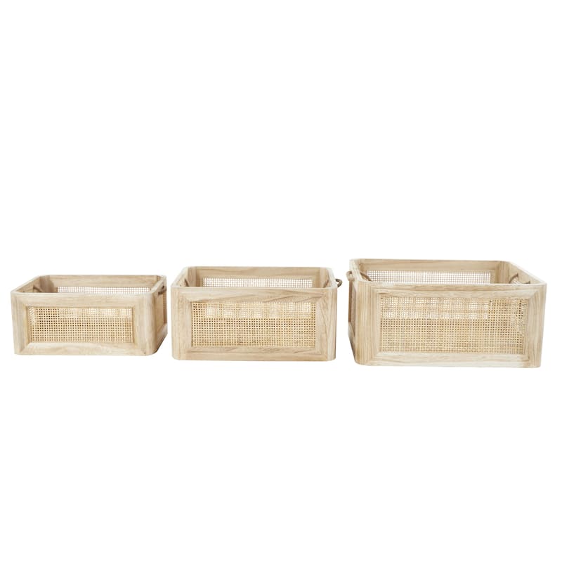 Brown Rattan Woven Decorative and Functional Storage Basket with Rope Handles (Set of 3)