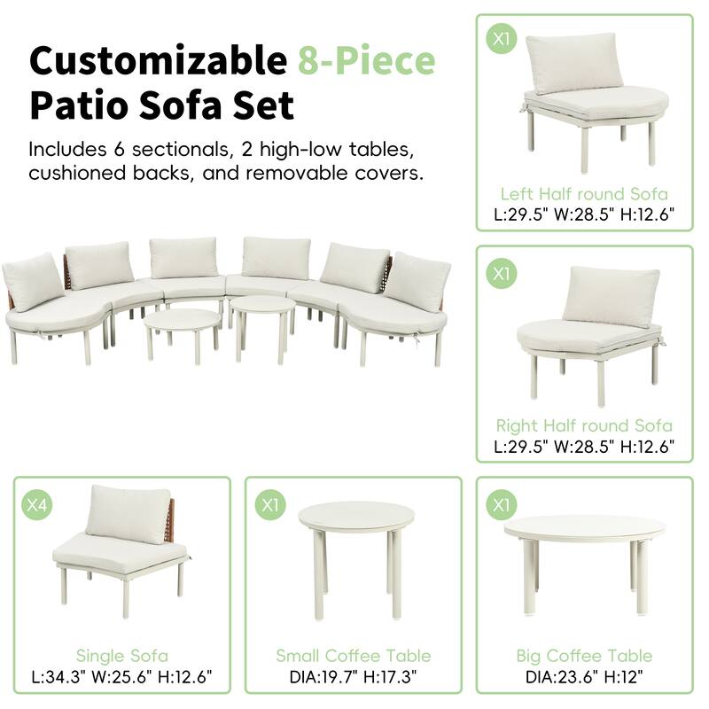 8-Piece Patio Half Moon Sofa Set with 2 High-Low Coffee Tables, 6 Pillows & Cushions