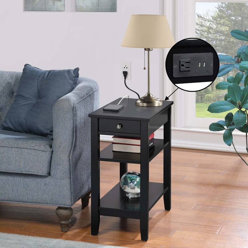 Convenience Concepts American Heritage 1 Drawer Chairside End Table with Charging Station and Shelves - Black