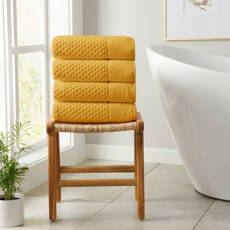 Linery & Co. Cotton Diamond Waffle Texture Bath Towels - Bath Towel (Pack of 4) - Marigold
