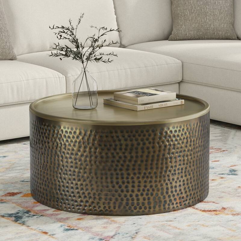 Simpli Home Corbin 32 inch Wide Boho Contemporary Coffee Table in Hammered Antique Gold Iron, Assembled - Hammered Antique Gold