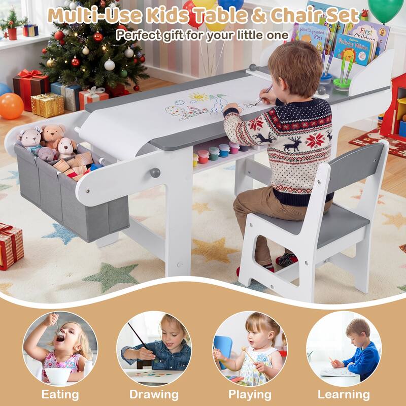 Gymax Wooden Kids Art Table & Chair Set w/Paper Roll&Fabric Bins for
