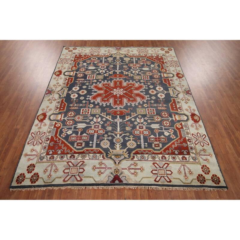 Blue Geometric Heriz Serapi Indian Area Rug Handmade Wool Carpet - 8'0"x 9'9"