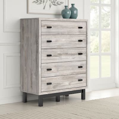 Veso Tall Dresser Chest, 5 Storage Drawers, Modern Light Gray, Black