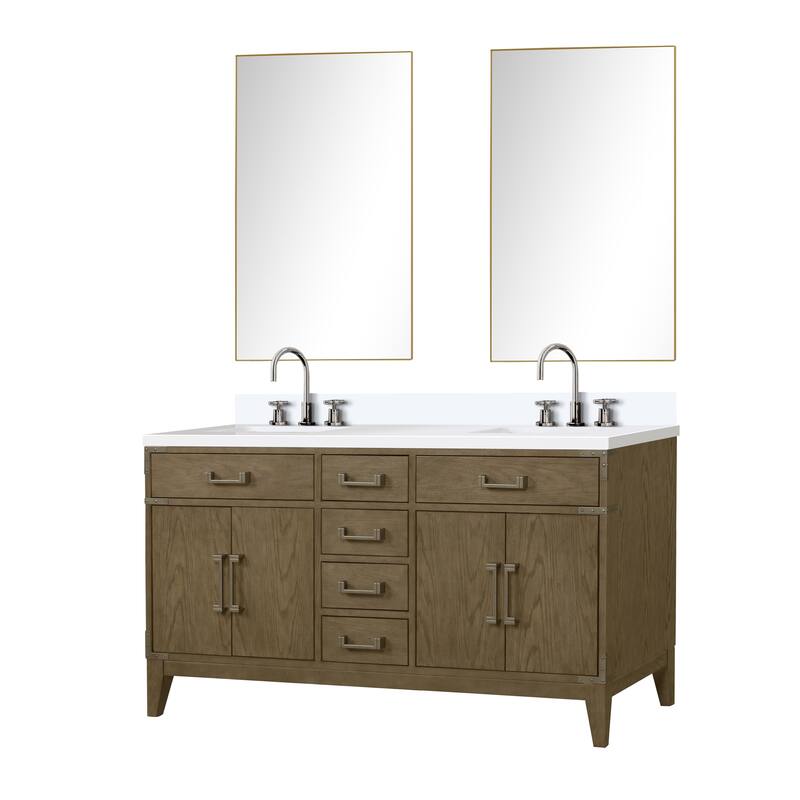 Laurel 60 in W x 22 in D Black Oak Double Bath Vanity, White Quartz Top, Faucet Set, and 28 in Mirrors