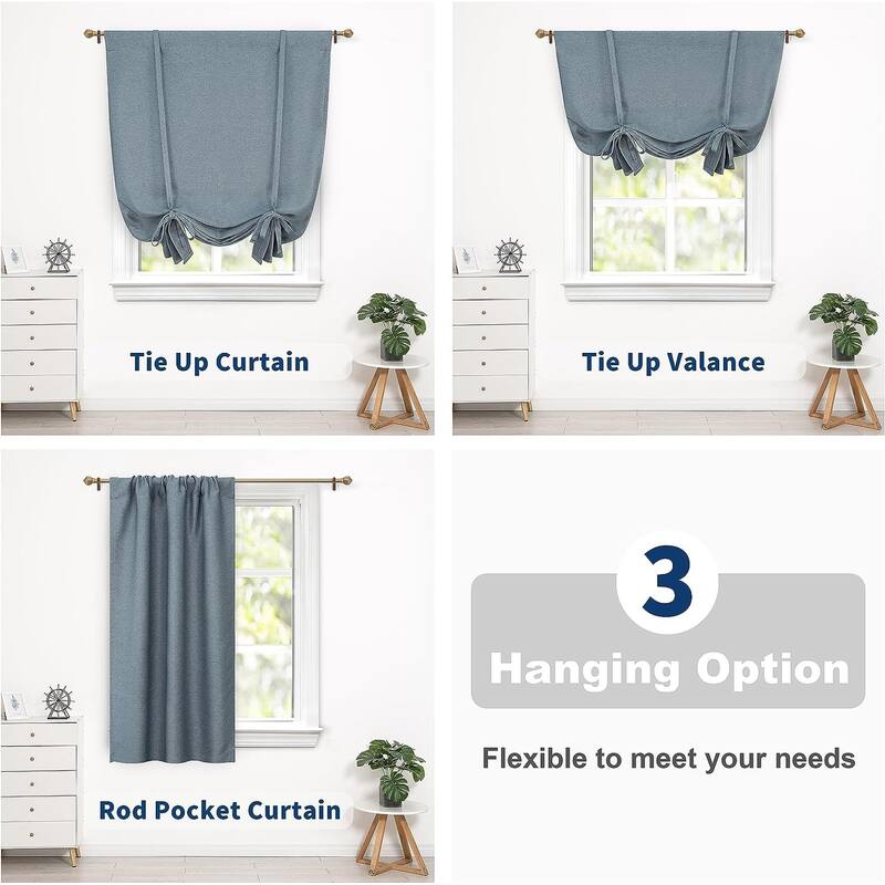 DriftAway Faux Linen Textured Solid Color Blackout Tie Up Curtain for Kitchen Adjustable Balloon Rod Pocket Window Curtains