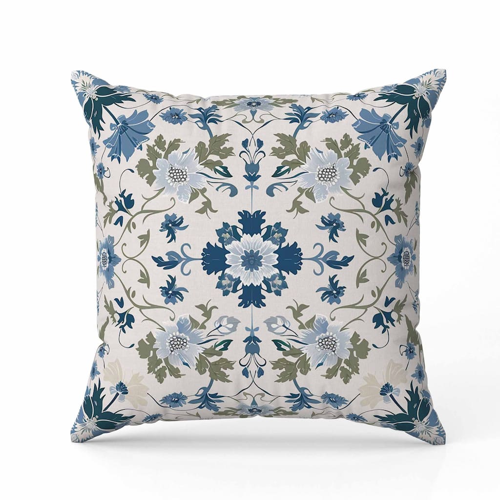 Moonlit Blossoms Indoor/Outdoor Reversible Throw Pillow Blue and Green
