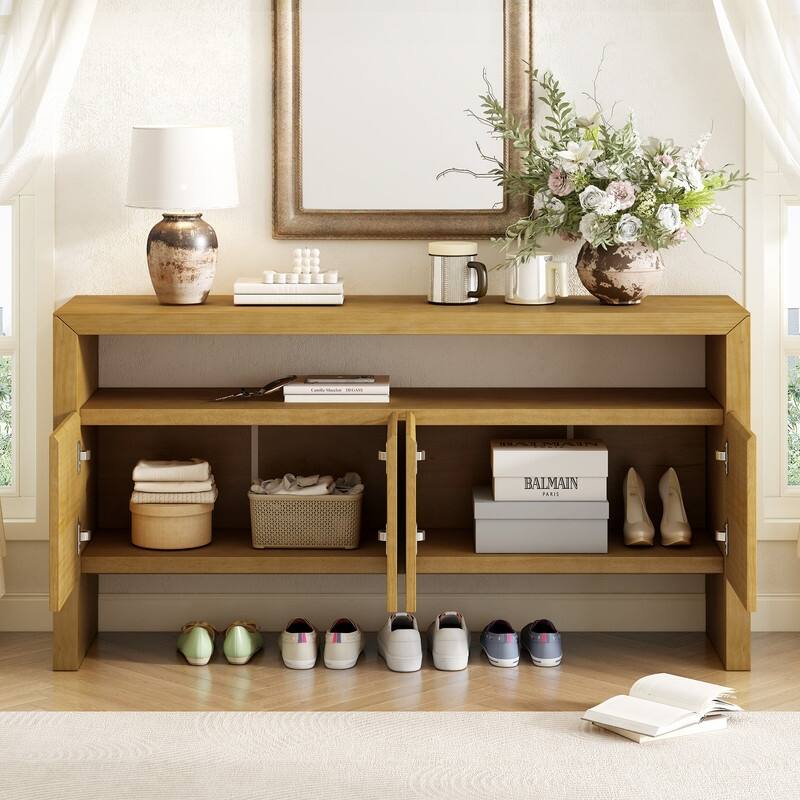 60" Modern 4-Door Sideboard with Open Shelf, Solid Wood Veneer Storage Cabinet for Living Room, Entryway (Black/Natural)