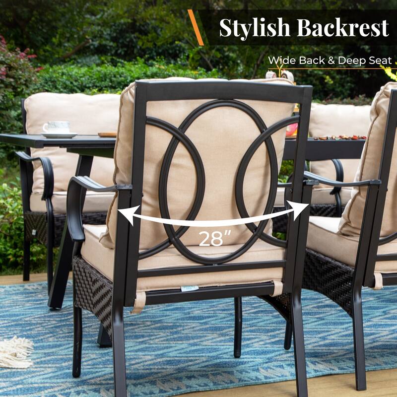 7 Pieces Patio Dining Set, 60 Inch Rectangular Metal Table and Rattan Dining Chairs