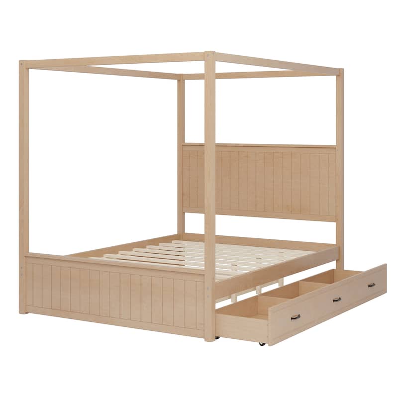 Queen Size Canopy Bed Platform Bed with Trundle Drawers Under-bed