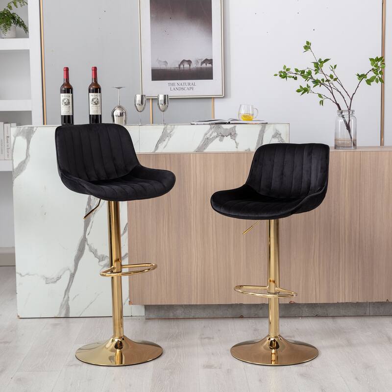 Chrome Footrest And Base Swivel Height Adjustable Mechanical Lifting Velvet + Golden Leg Simple Bar Stool